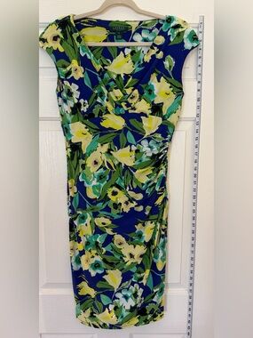 Lauren Ralph Lauren Navy Blue Floral Faux-Wrap Midi Dress